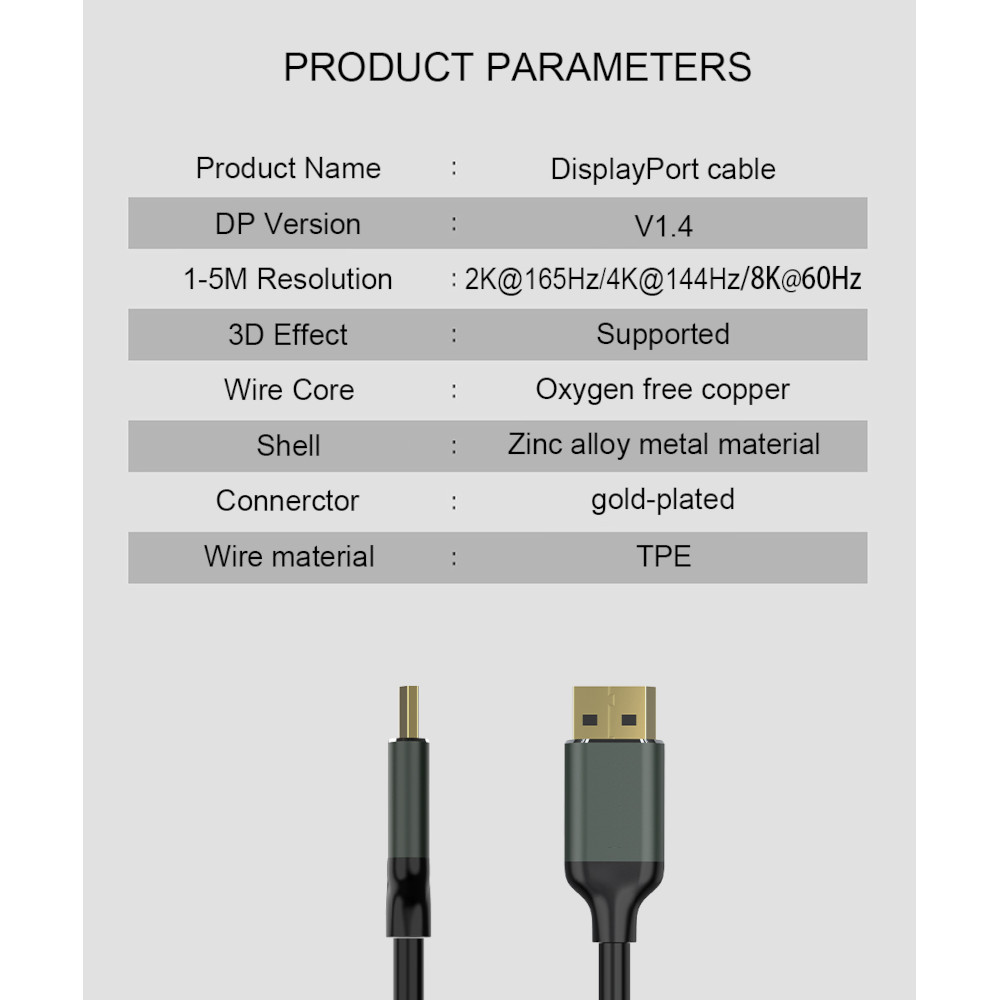 Cabo Display Port Versão 1.4 8K 60Hz 4K 144Hz 2K 165Hz